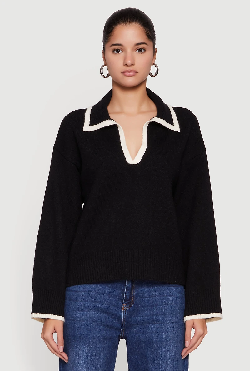 Womens Contrast Trim Johnny Collar Polo Sweater,