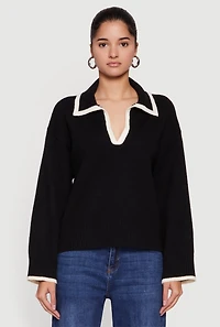 Womens Contrast Trim Johnny Collar Polo Sweater,