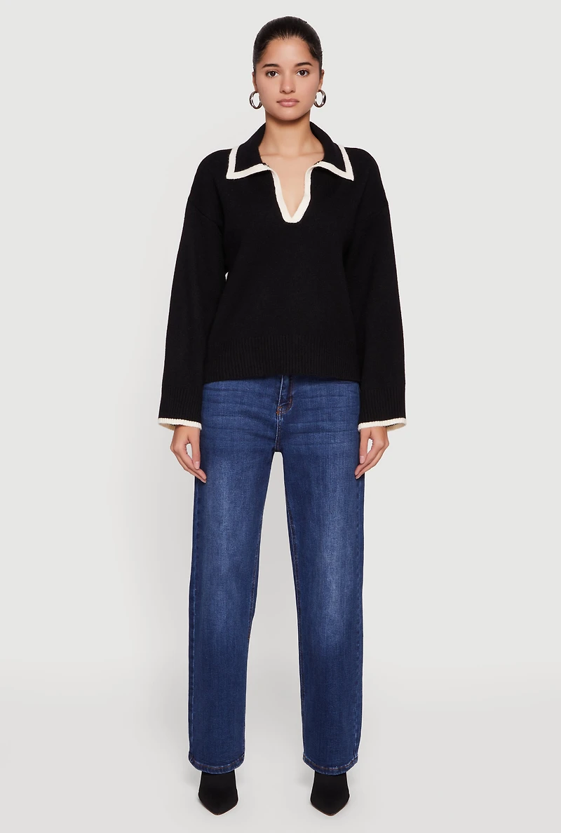 Womens Contrast Trim Johnny Collar Polo Sweater,