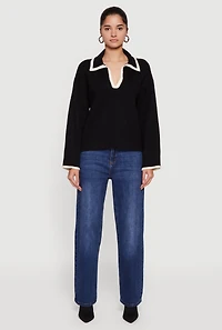 Womens Contrast Trim Johnny Collar Polo Sweater,
