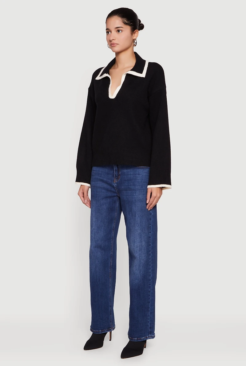 Womens Contrast Trim Johnny Collar Polo Sweater,