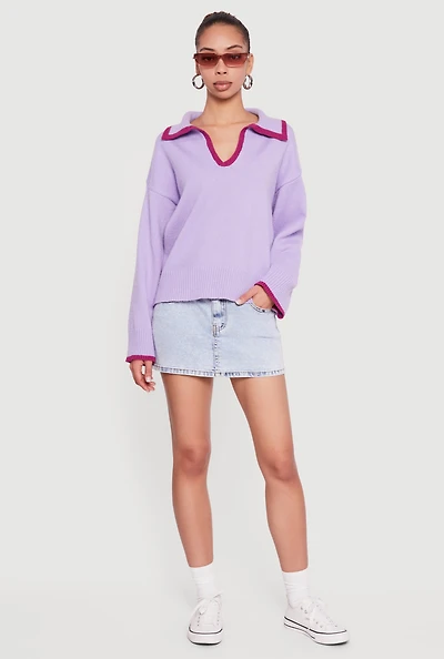 Womens Contrast Trim Johnny Collar Polo Sweater,