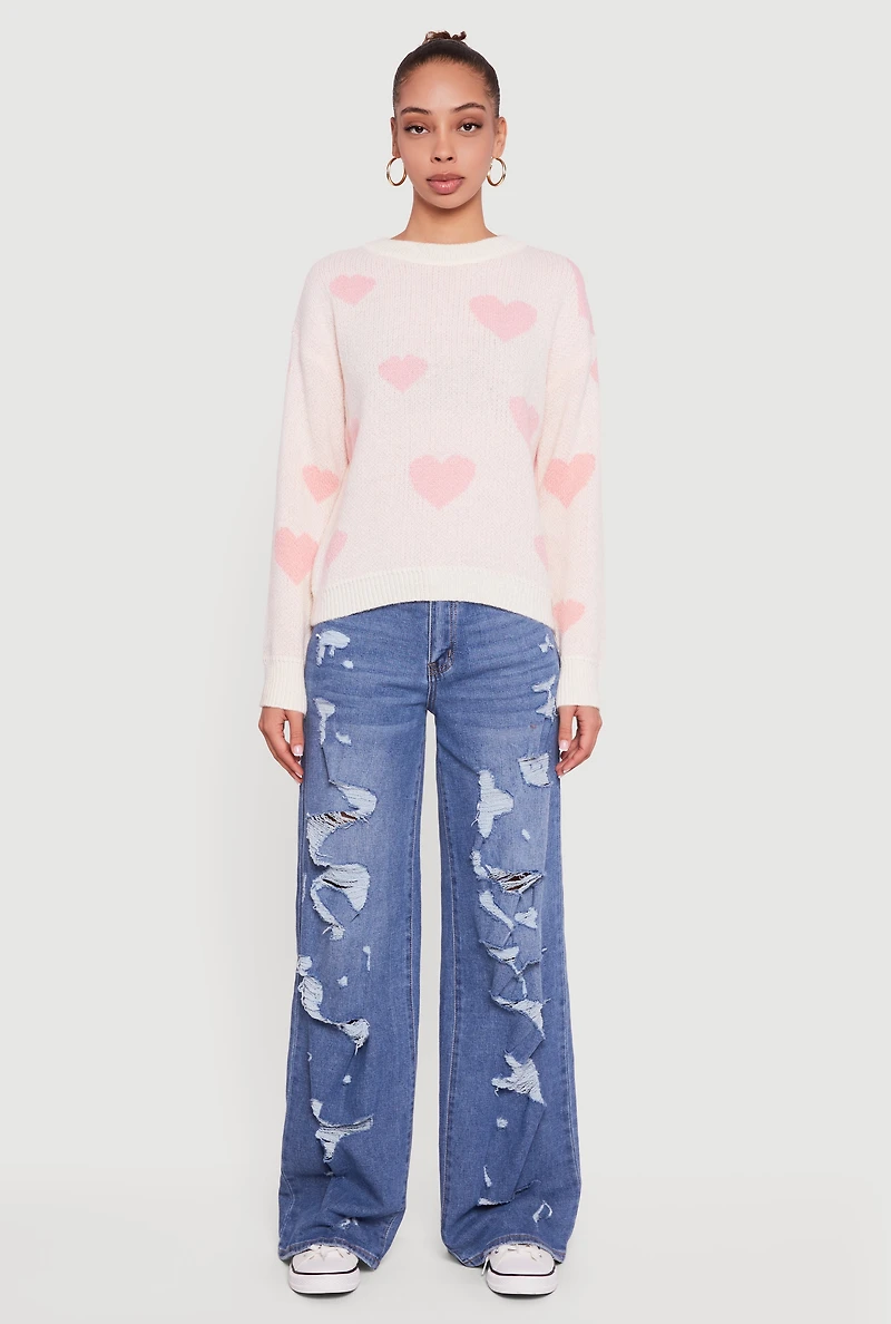 Heart Print Long Sleeve High Neck Sweater