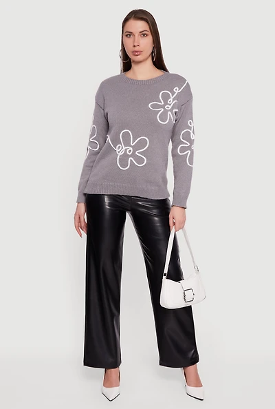 Drop Shoulder Floral Embroidered Sweater