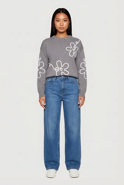 Drop Shoulder Floral Embroidered Sweater