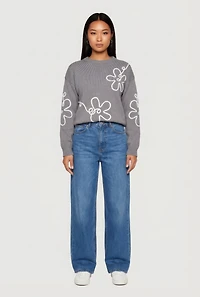 Drop Shoulder Floral Embroidered Sweater