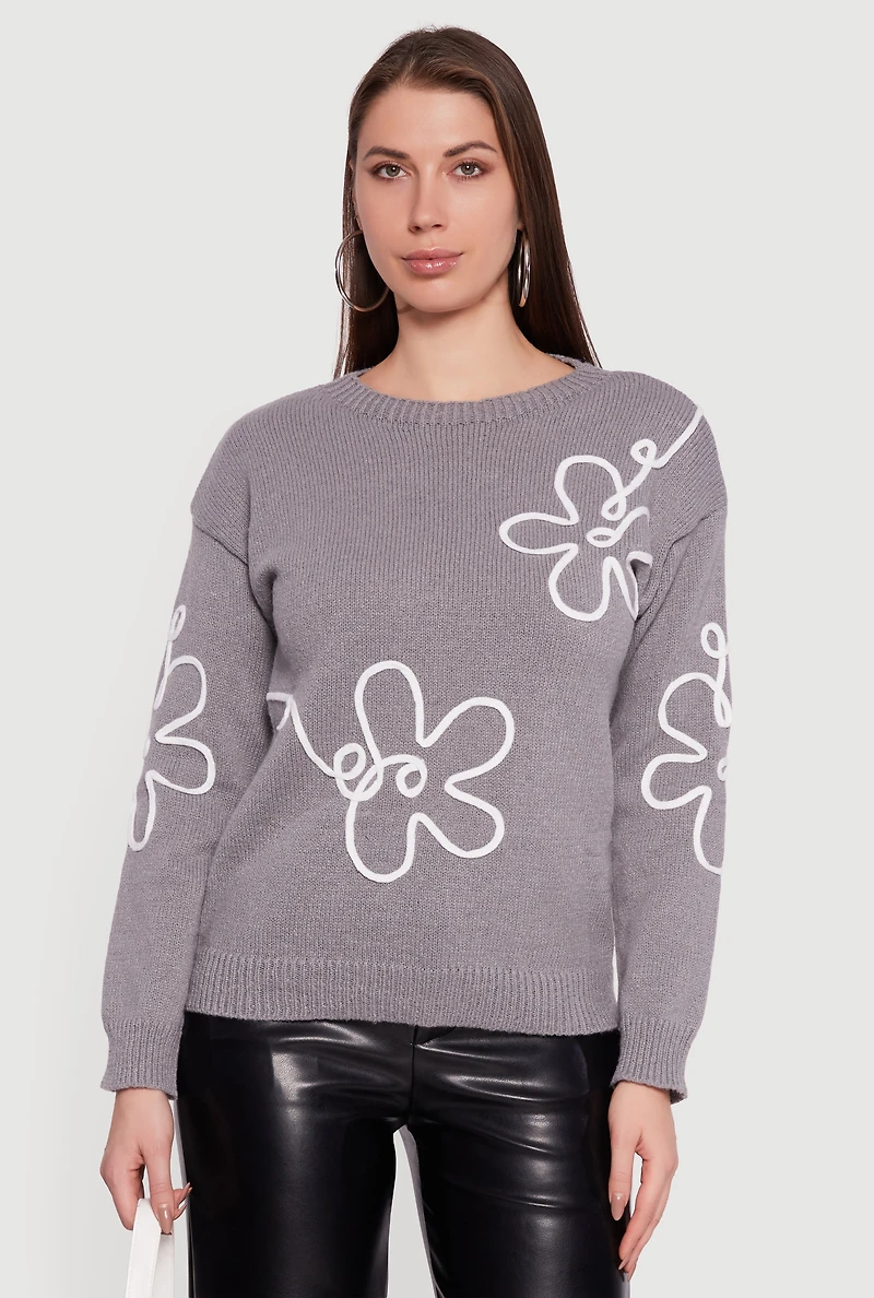 Drop Shoulder Floral Embroidered Sweater