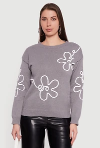 Drop Shoulder Floral Embroidered Sweater