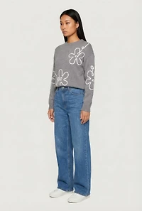Drop Shoulder Floral Embroidered Sweater
