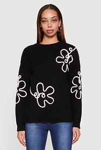 Womens Drop Shoulder Floral Embroidered Sweater, S