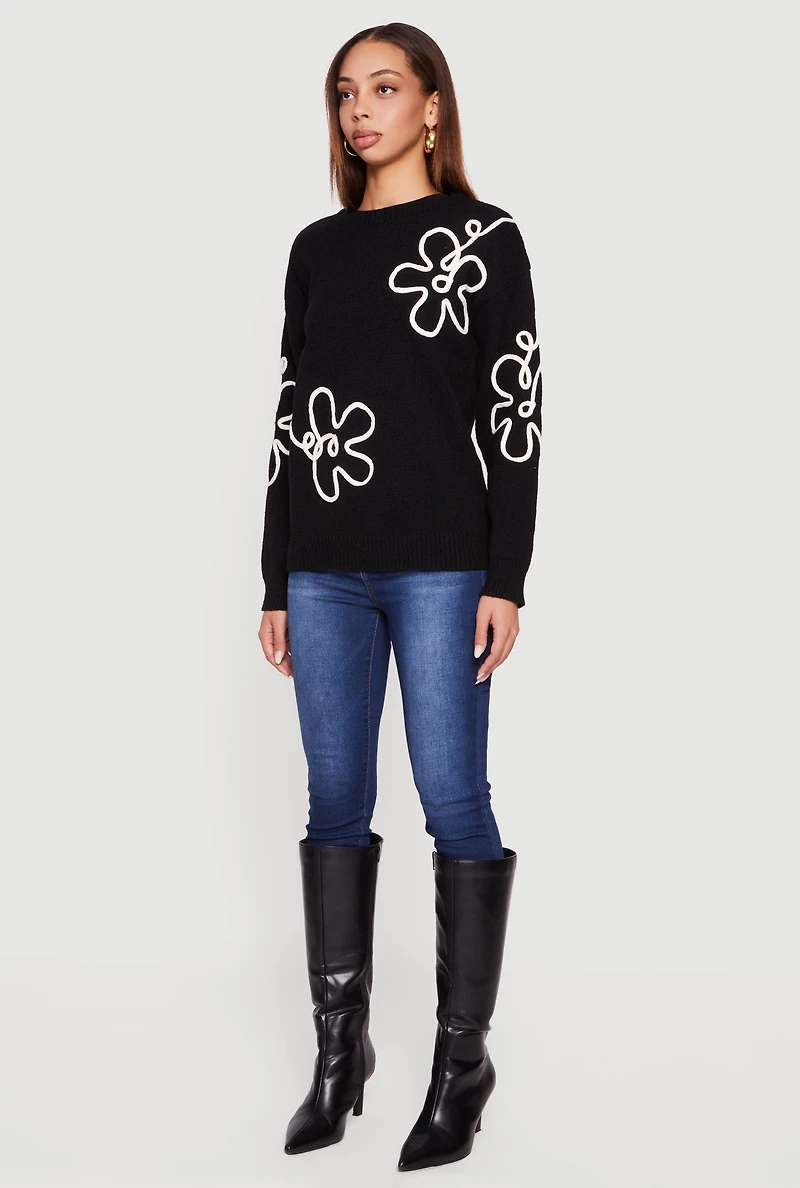 Womens Drop Shoulder Floral Embroidered Sweater, S