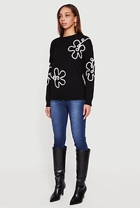 Womens Drop Shoulder Floral Embroidered Sweater, S