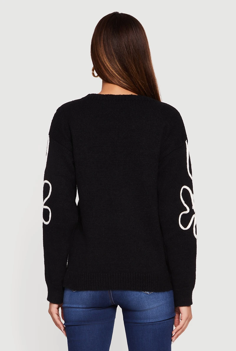 Womens Drop Shoulder Floral Embroidered Sweater, S