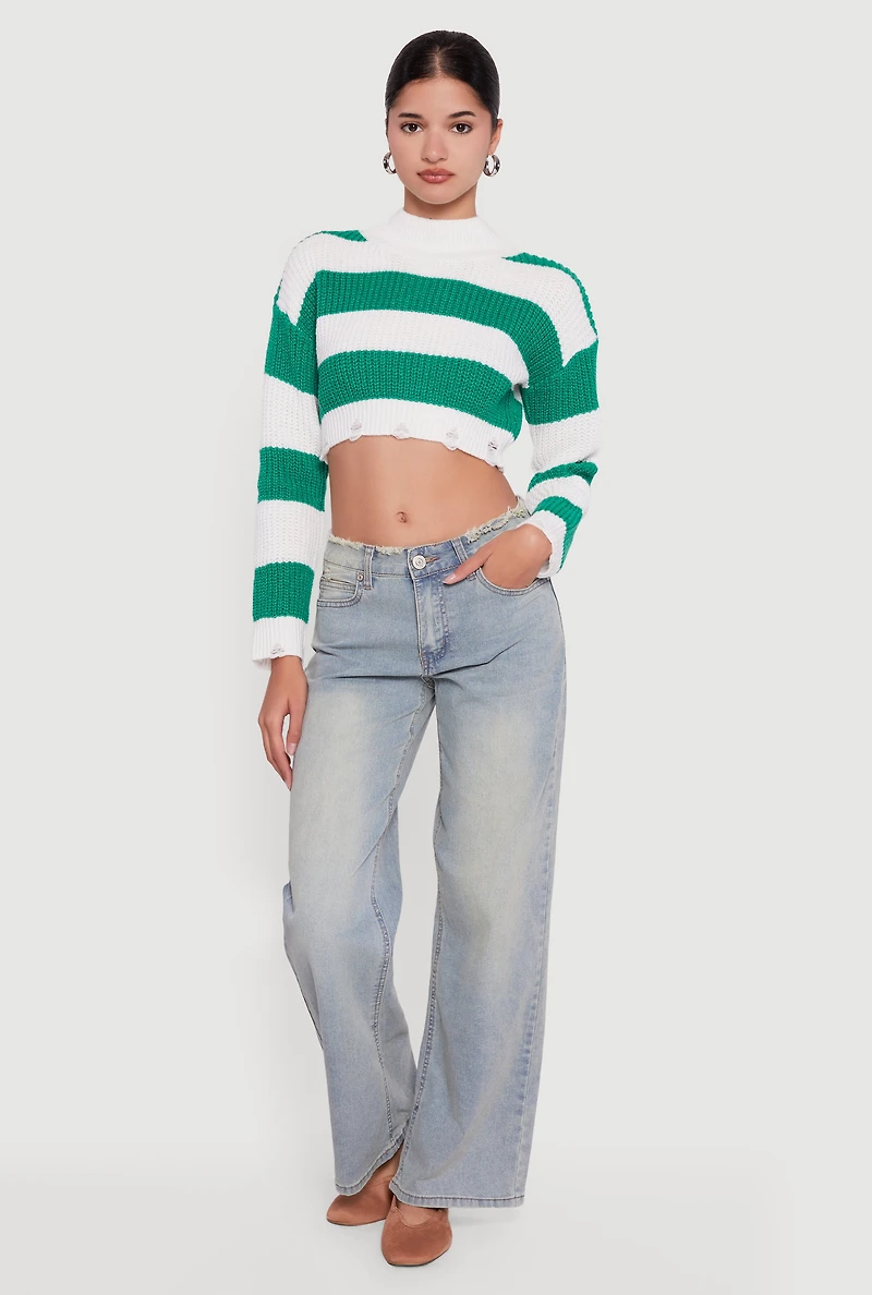 Striped Long Sleeve Mock Neck Cropped Sweater