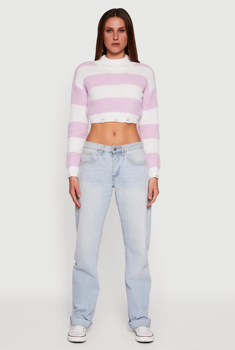 Striped Long Sleeve Mock Neck Cropped Sweater