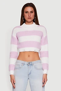 Womens Striped Long Sleeve Mock Neck Cropped Sweater, Purple, Size L