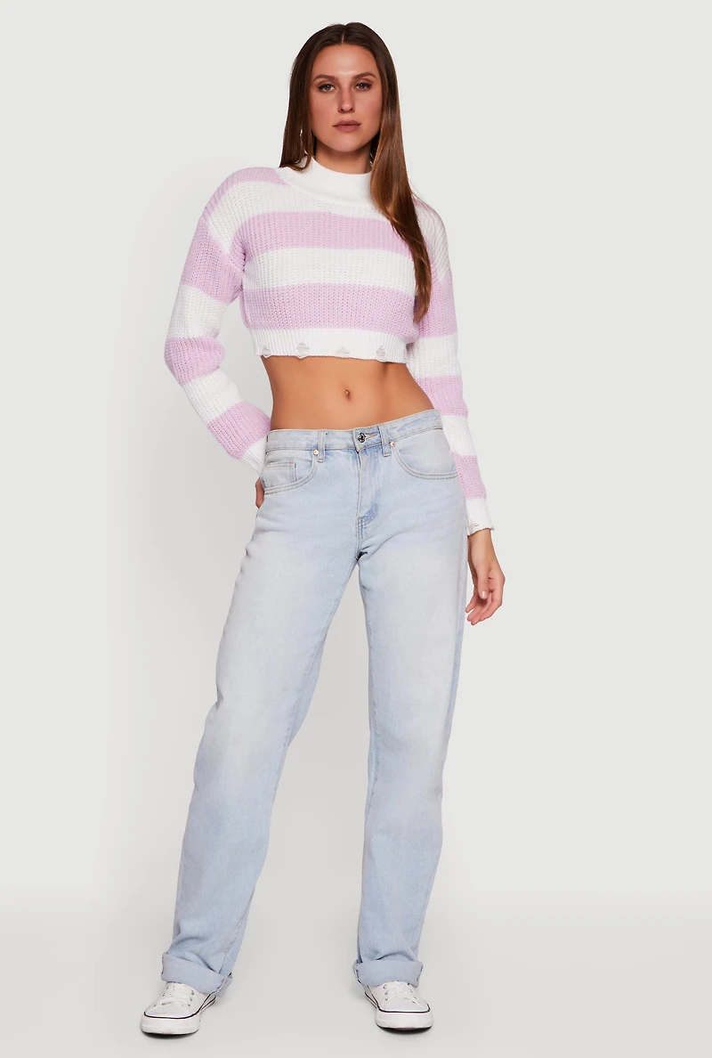 Womens Striped Long Sleeve Mock Neck Cropped Sweater, Purple, Size L