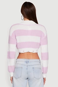 Womens Striped Long Sleeve Mock Neck Cropped Sweater, Purple, Size L