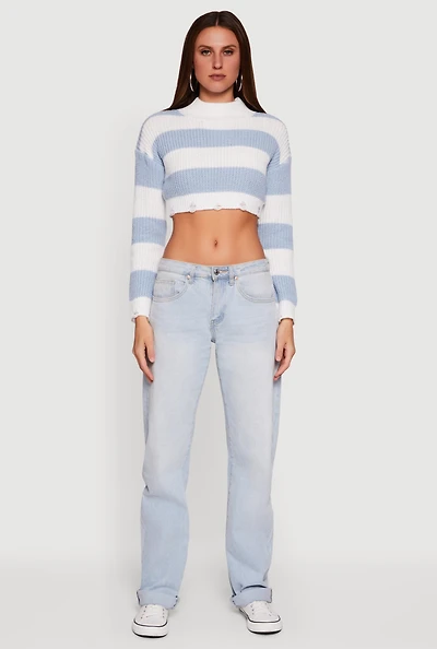 Womens Striped Long Sleeve Mock Neck Cropped Sweater,