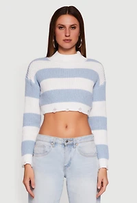 Striped Long Sleeve Mock Neck Cropped Sweater