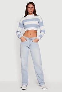 Womens Striped Long Sleeve Mock Neck Cropped Sweater, Blue,