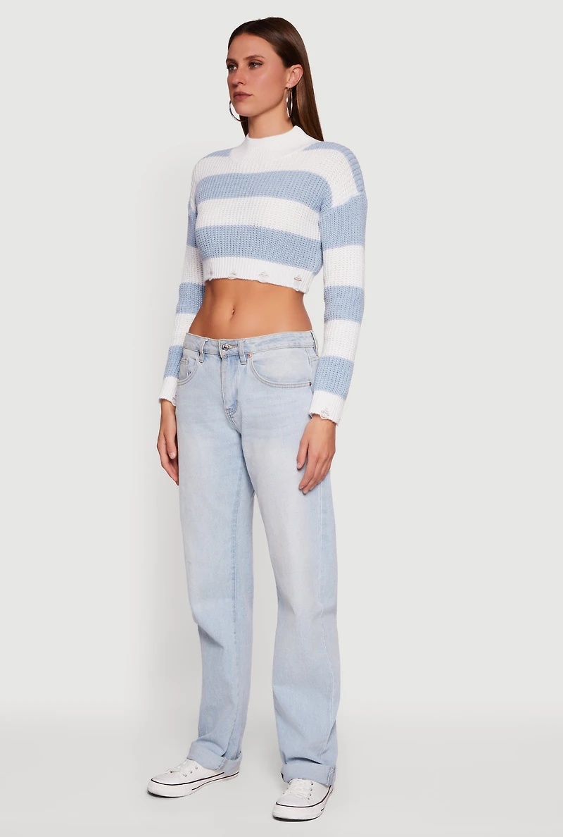 Striped Long Sleeve Mock Neck Cropped Sweater