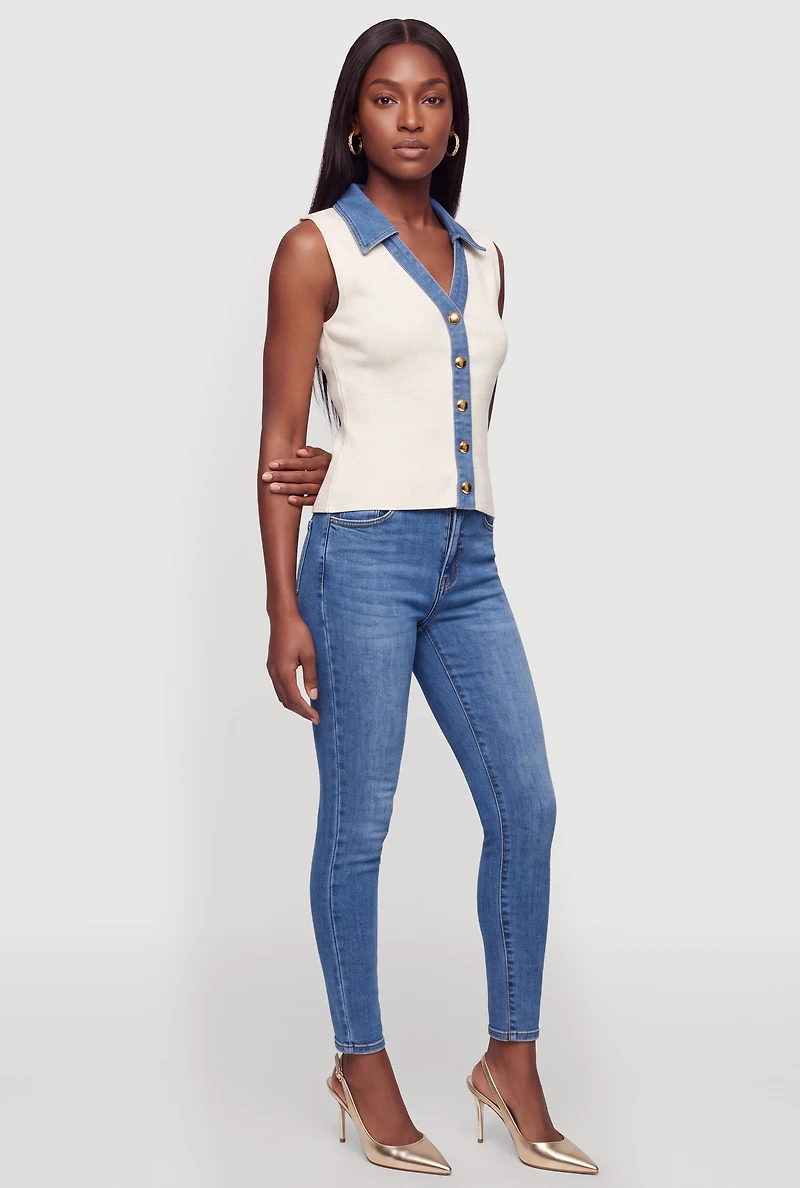 Sleeveless Denim Trim Button Front Sweater