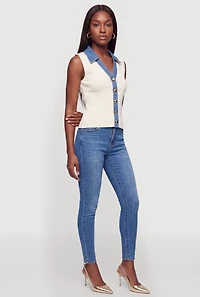 Sleeveless Denim Trim Button Front Sweater