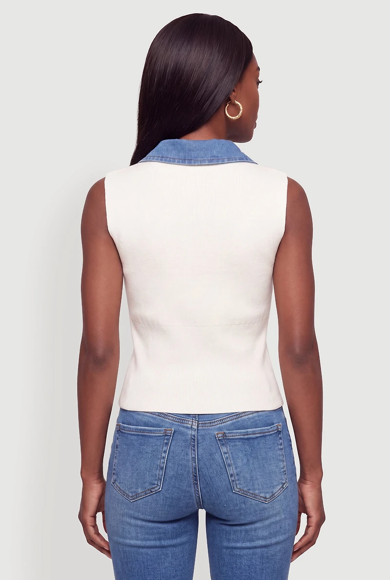 Sleeveless Denim Trim Button Front Sweater