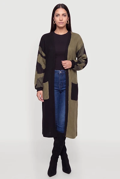 Color Blocked Camo Sleeve Open Front Long Cardigan