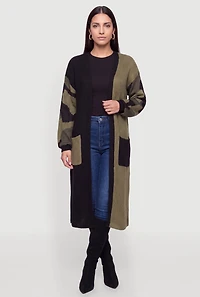 Color Blocked Camo Sleeve Open Front Long Cardigan