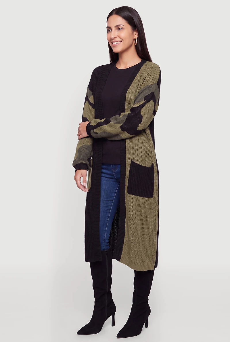 Color Blocked Camo Sleeve Open Front Long Cardigan