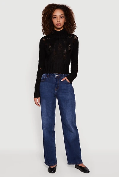 Womens Long Sleeve Distressed Turtleneck Sweater,