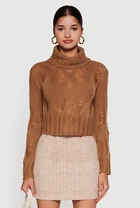 Womens Long Sleeve Distressed Turtleneck Sweater,