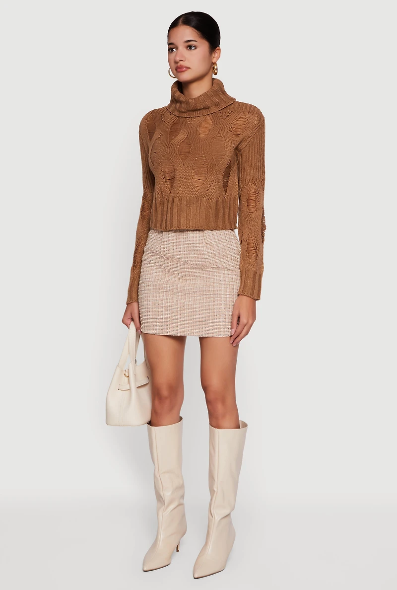 Womens Long Sleeve Distressed Turtleneck Sweater,