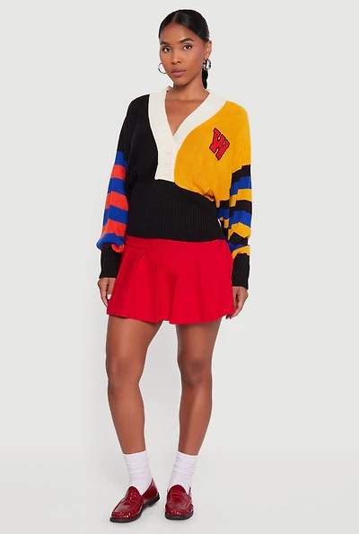 Womens Color Blocked Striped W Patch Graphic Sweater, Multi, Size L