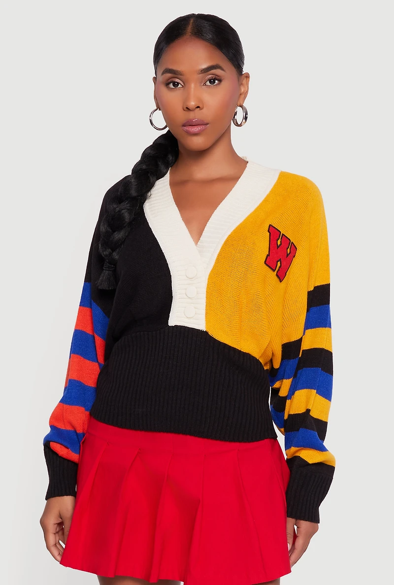 Womens Color Blocked Striped W Patch Graphic Sweater, Multi,
