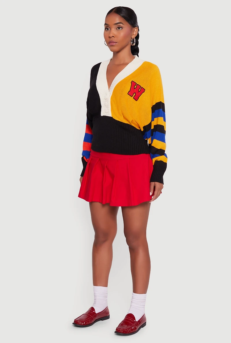 Womens Color Blocked Striped W Patch Graphic Sweater, Multi,