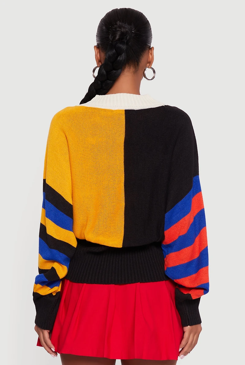 Womens Color Blocked Striped W Patch Graphic Sweater, Multi,
