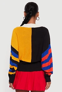 Womens Color Blocked Striped W Patch Graphic Sweater, Multi,