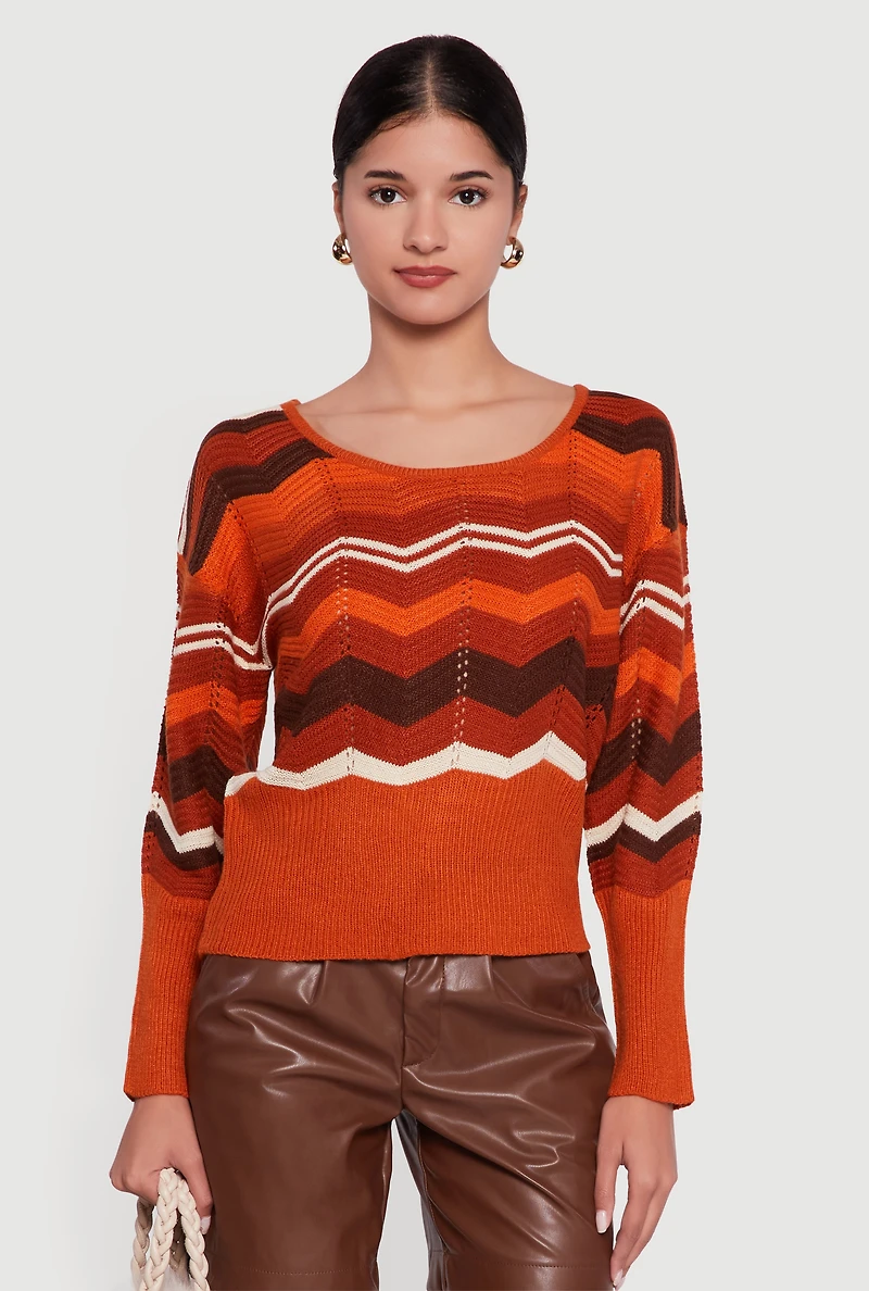 Chevron Pointelle Knit Caged Back Sweater