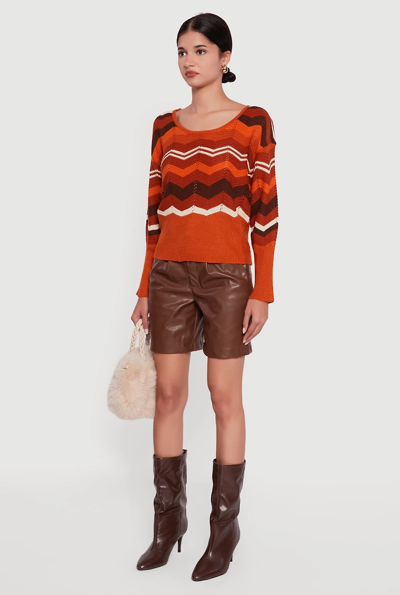 Chevron Pointelle Knit Caged Back Sweater