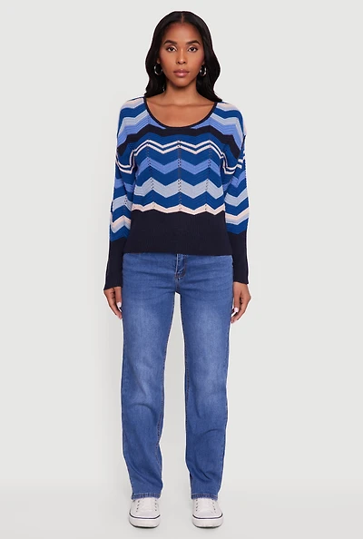 Womens Chevron Pointelle Knit Caged Back Sweater,