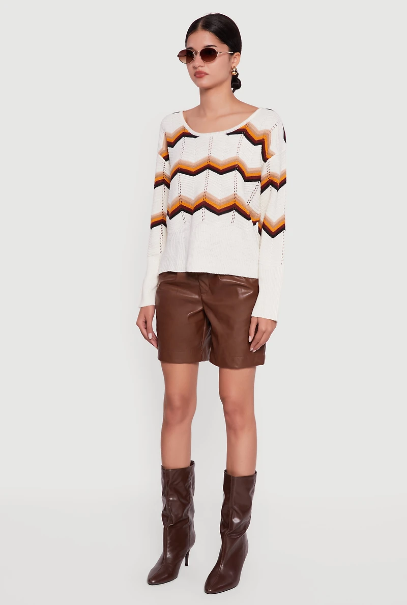Chevron Pointelle Knit Caged Back Sweater