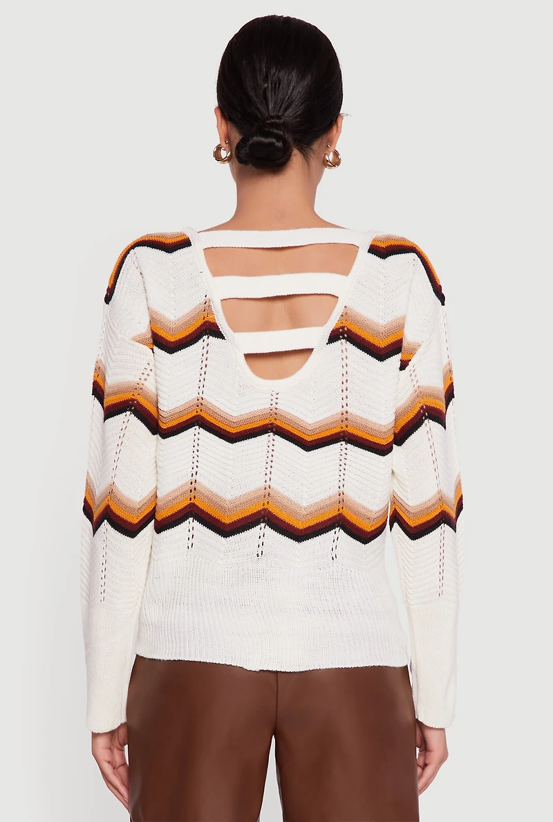 Chevron Pointelle Knit Caged Back Sweater