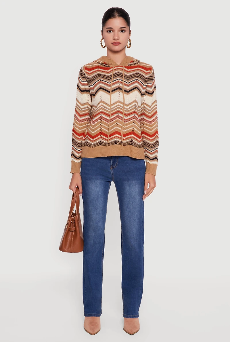 Chevron Pointelle Knit Sweater Hoodie