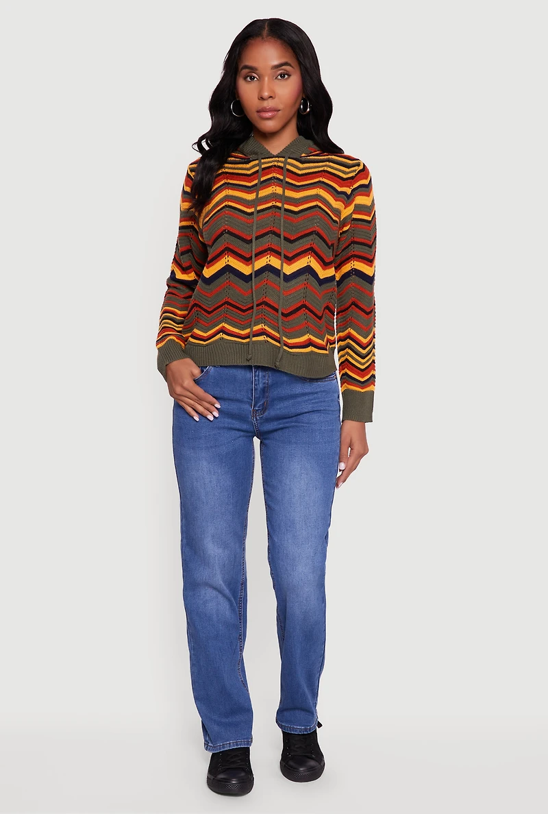 Womens Chevron Pointelle Knit Sweater Hoodie,