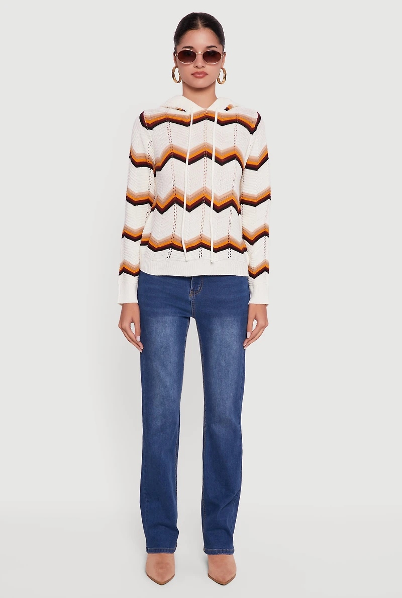 Womens Chevron Pointelle Knit Sweater Hoodie, White, Size L