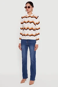 Womens Chevron Pointelle Knit Sweater Hoodie, White, Size L