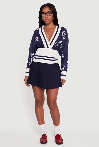 Womens Couture Graphic Long Sleeve Plunge Neck Sweater, Blue, Size S